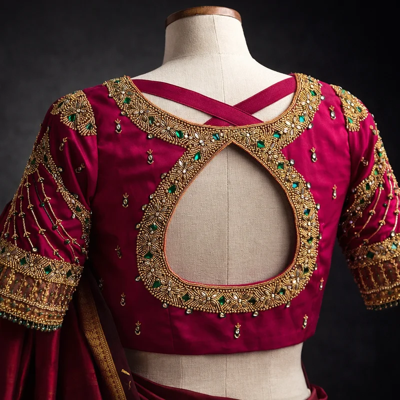 Magenta bridal blouse with maggam work embroidery — teardrop back, gold zari and green stones — Akira Fashion Studio Bangalore