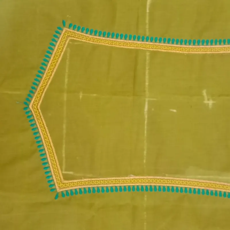 Olive green fabric with turquoise and yellow border embroidery work