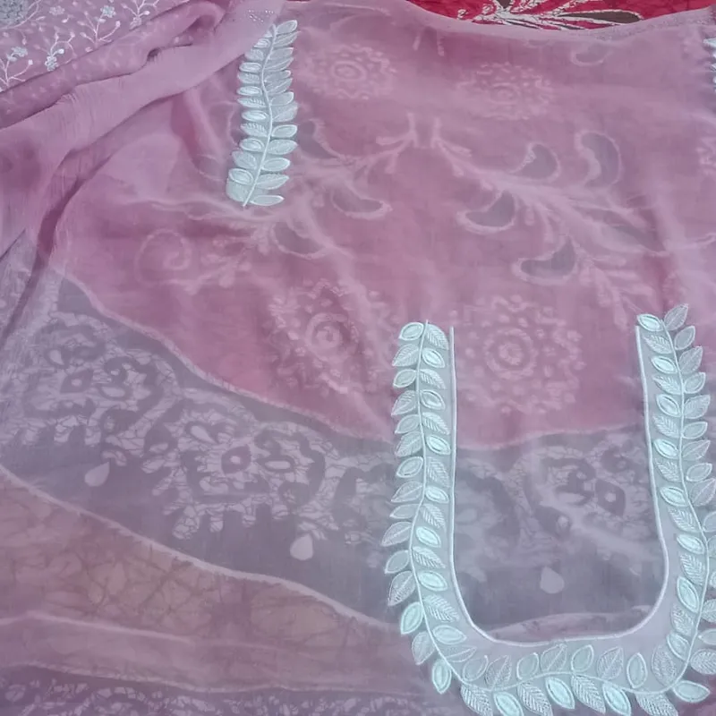 Pink blouse with white thread applique work on sheer fabric