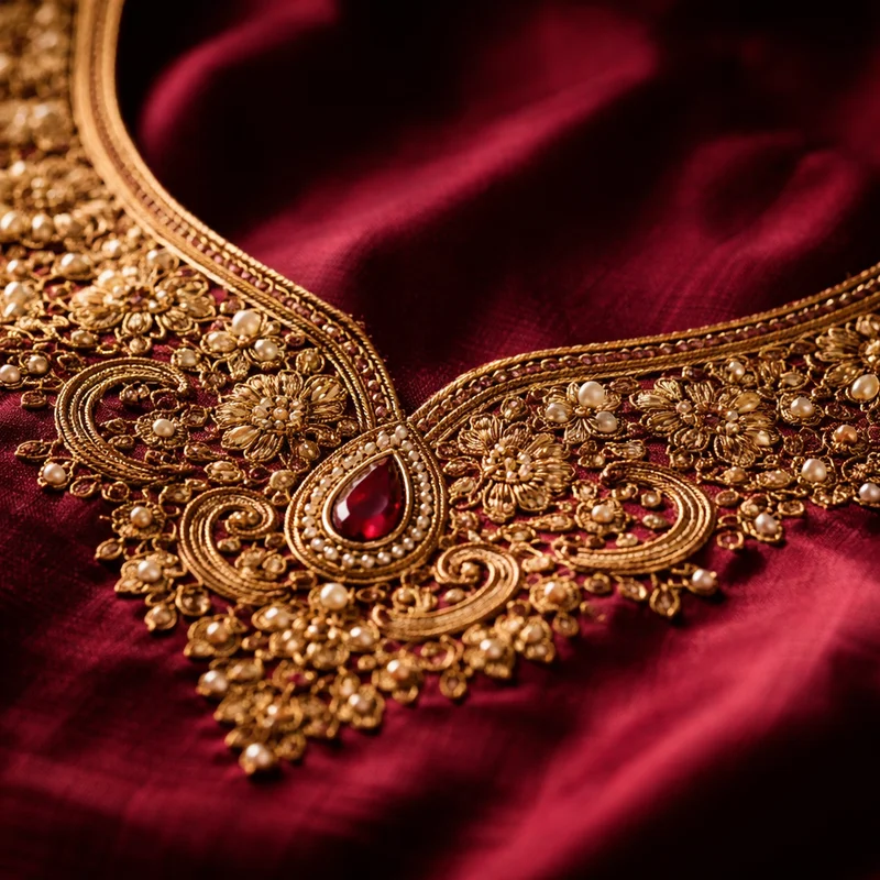 Exquisite silk blouse with ruby and gold hand embroidery — Akira Fashion Studio