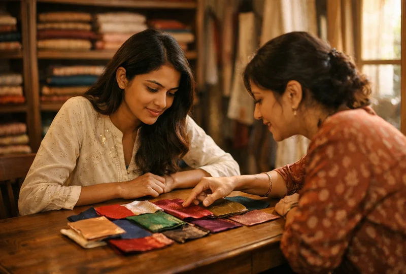 Customer and designer examining fabric swatches at a boutique table