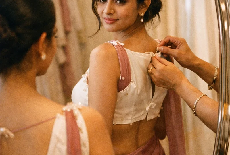 Trial fitting with tailor adjusting blouse in front of mirror