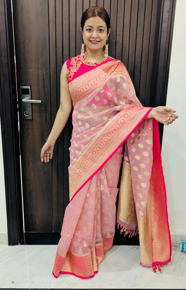 Nancy Arora, founder of Akira Fashion Studio, wearing a pink Banarasi saree with hand embroidery blouse