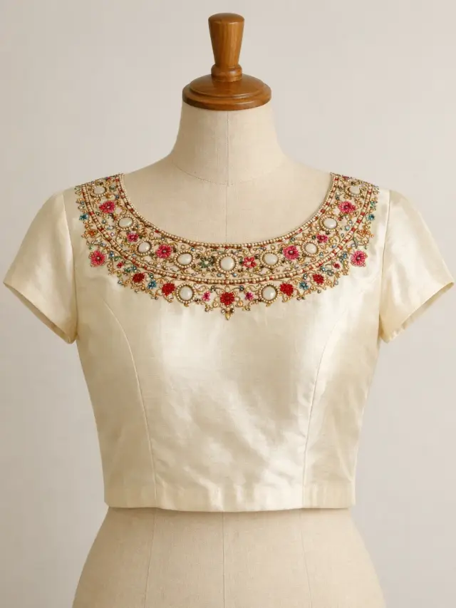 Elegant ivory silk blouse with intricate embroidery on mannequin — Akira Fashion Studio Bangalore