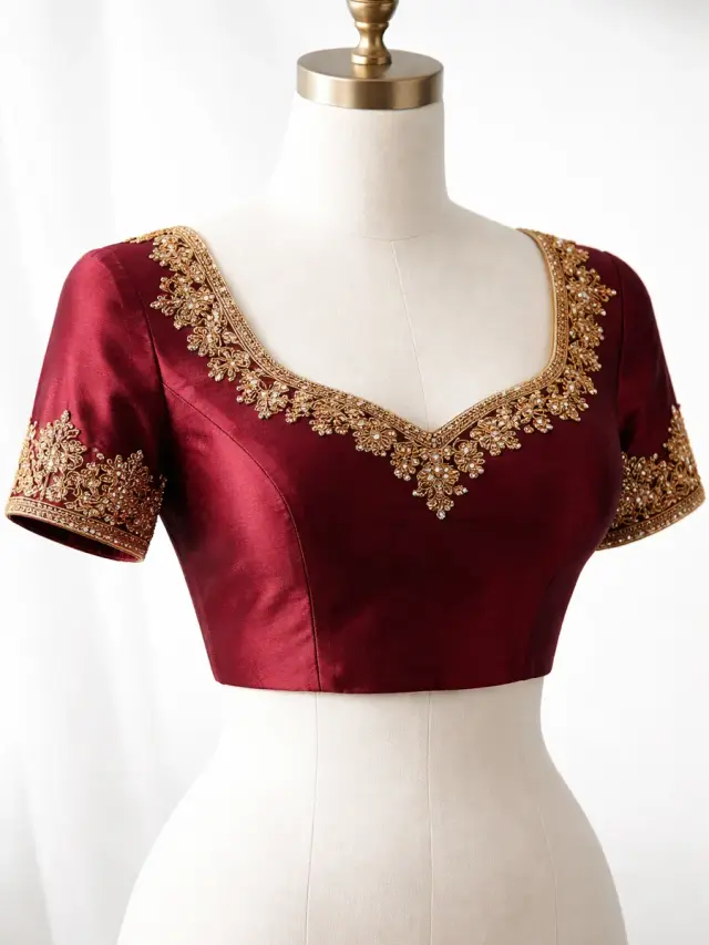 Premium maroon silk blouse with gold hand embroidery neckline — Akira Fashion Studio Bangalore