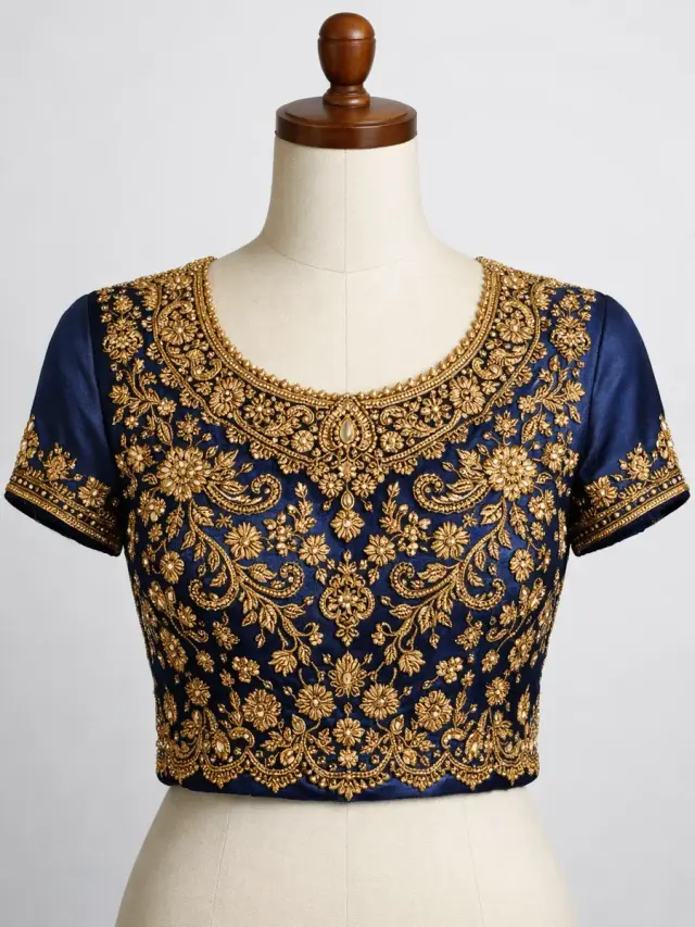 Opulent navy silk blouse with gold hand embroidery — Akira Fashion Studio Bangalore
