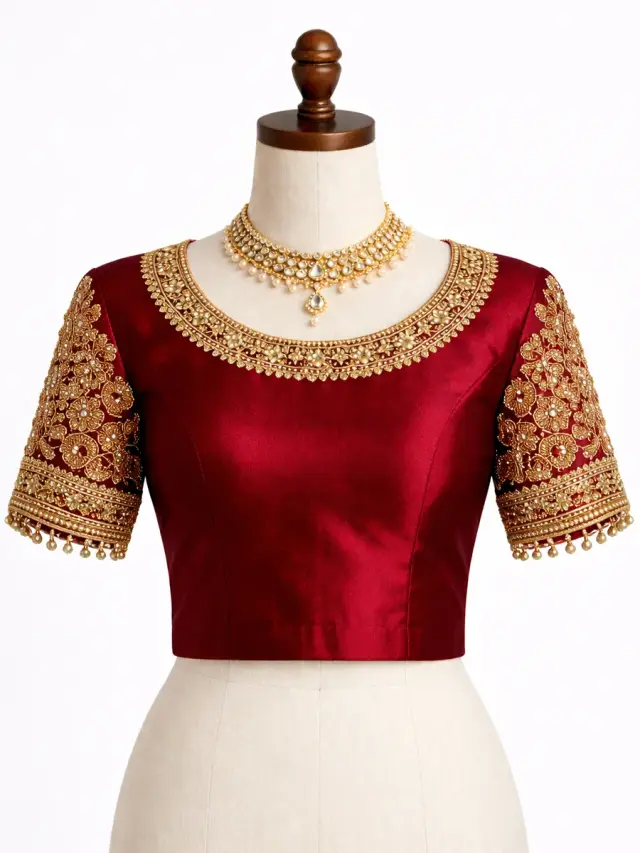 Rani red bridal blouse with gold embellishments — Akira Fashion Studio Bangalore