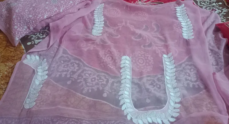 Pink blouse with white thread applique work on sheer fabric