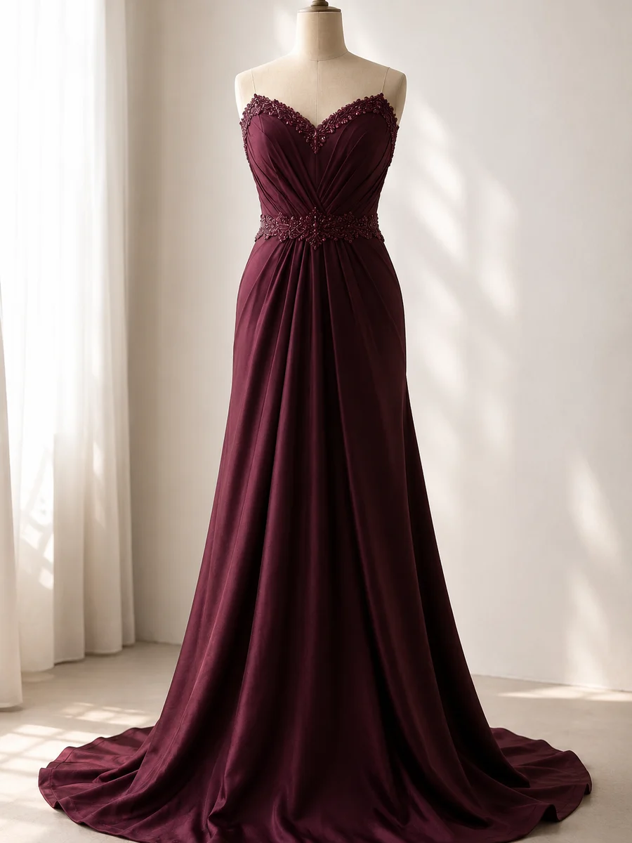Deep wine floor-length reception gown with a beaded sweetheart neckline on a dress form — Akira Fashion Studio Bangalore