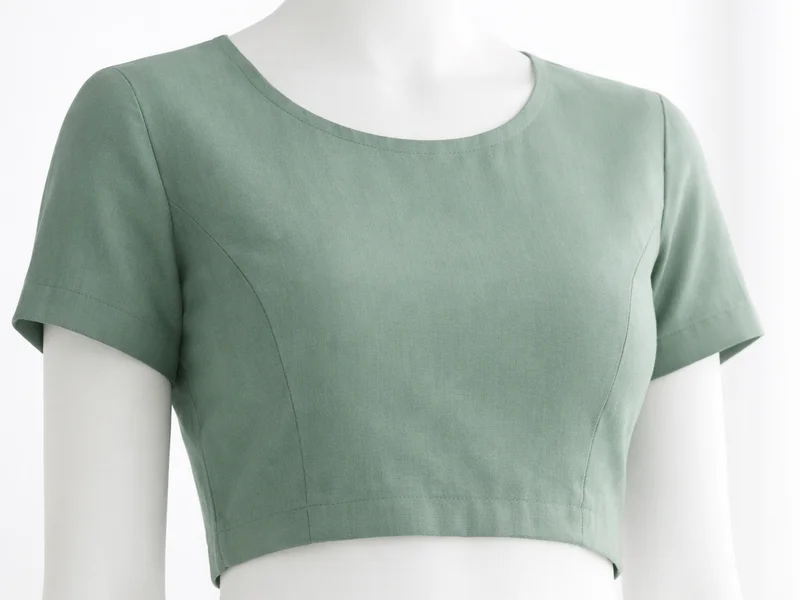 Sage green custom-stitched blouse on mannequin — Akira Fashion Studio