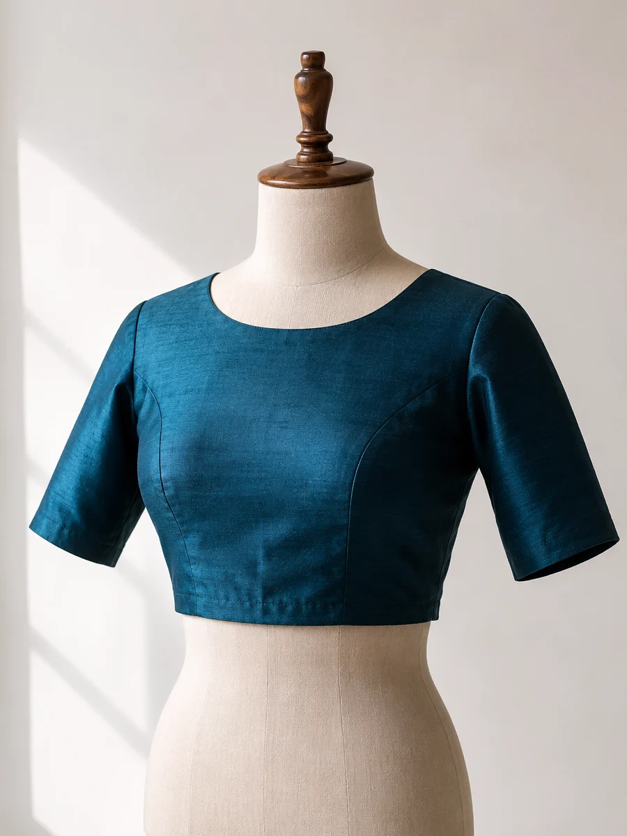 Teal raw-silk custom-stitched blouse on a tailor's dress form — Akira Fashion Studio Bangalore