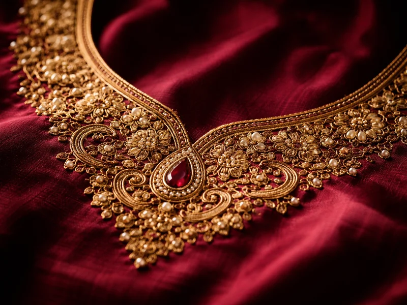 Exquisite silk blouse with ruby and gold hand embroidery — Akira Fashion Studio